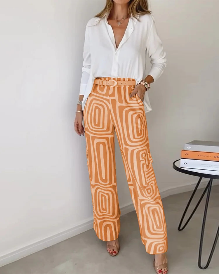 Puebla™ Conjunto Elegante de Pantalón con Blusa y Cinturón