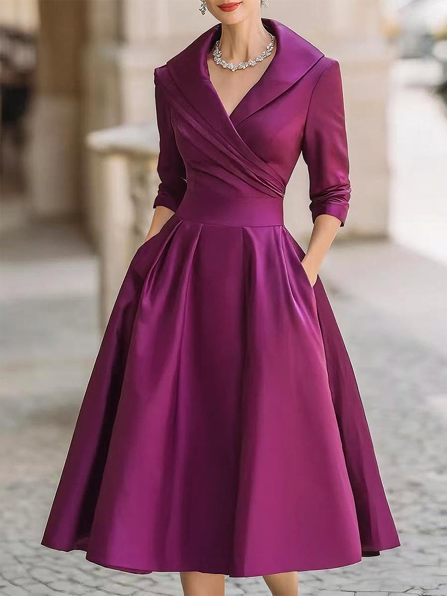 Petronila™ Vestido Midi de Satín Vintage con Escote Drapeado