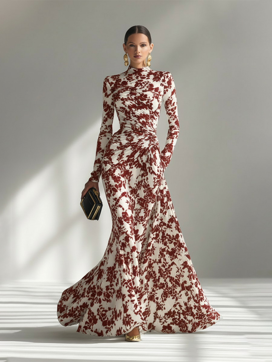 Eduviges™ Vestido Maxi Floral Elegante, Cuello Alto, Manga Larga