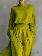 Mitla™ Conjunto Verde para Mujer en Algodón y Lino con Pantalón Ancho