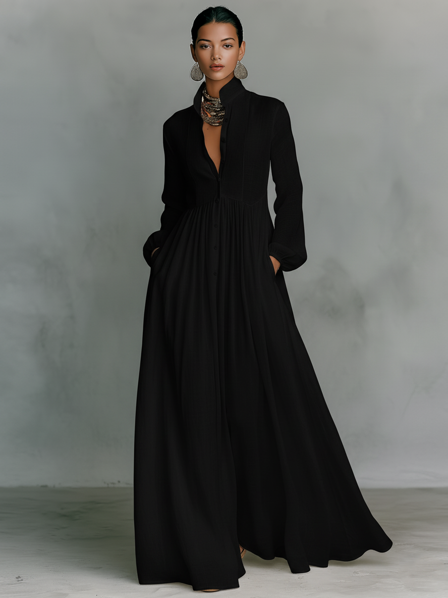 Purépecha™ Vestido Maxi en Algodón y Lino con Cuello Alto