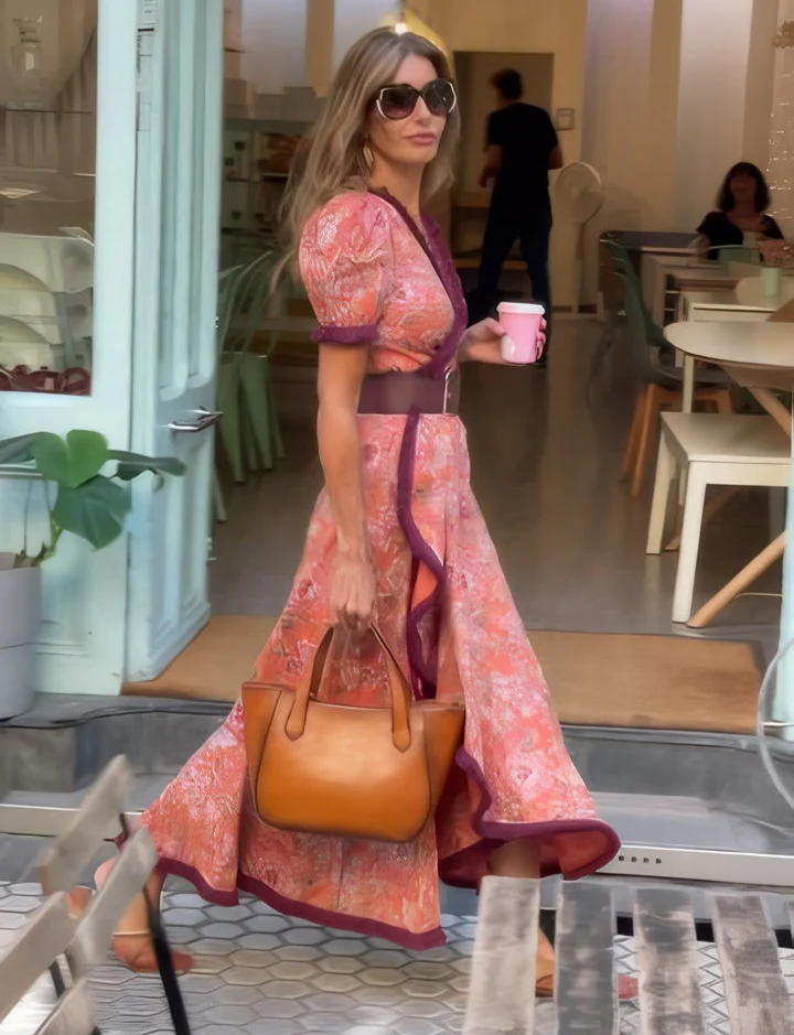 Ensenada™ Vestido Maxi Rosa Elegante con Manga Corta