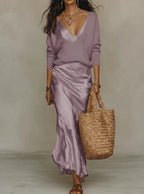 Belinda™ Conjunto Midi de Satín con Suéter de Punto Elegante