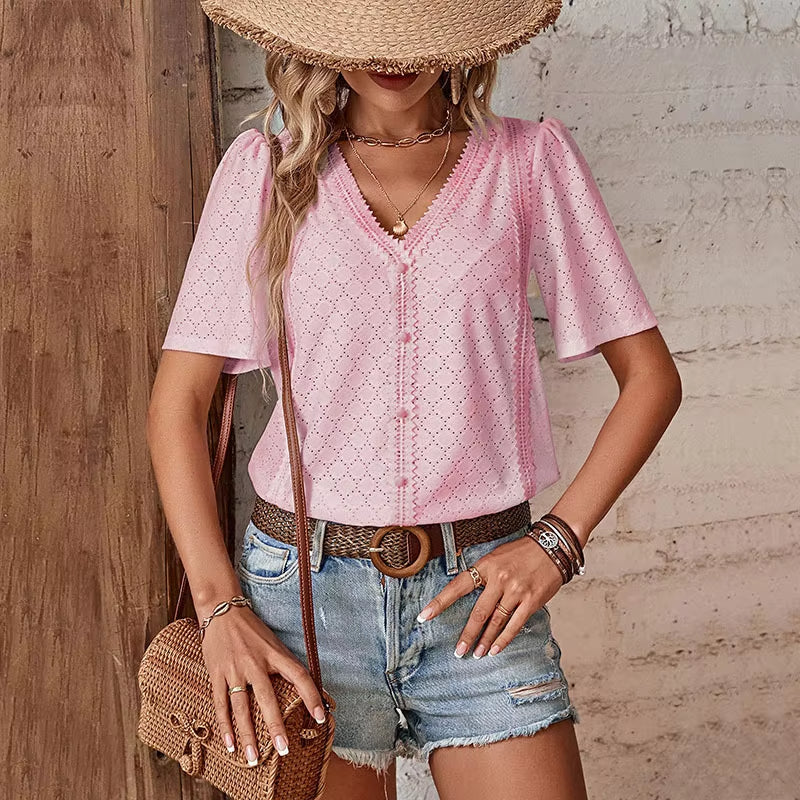 Anel™ Blusa de Manga Corta para Mujer con Cuello en V