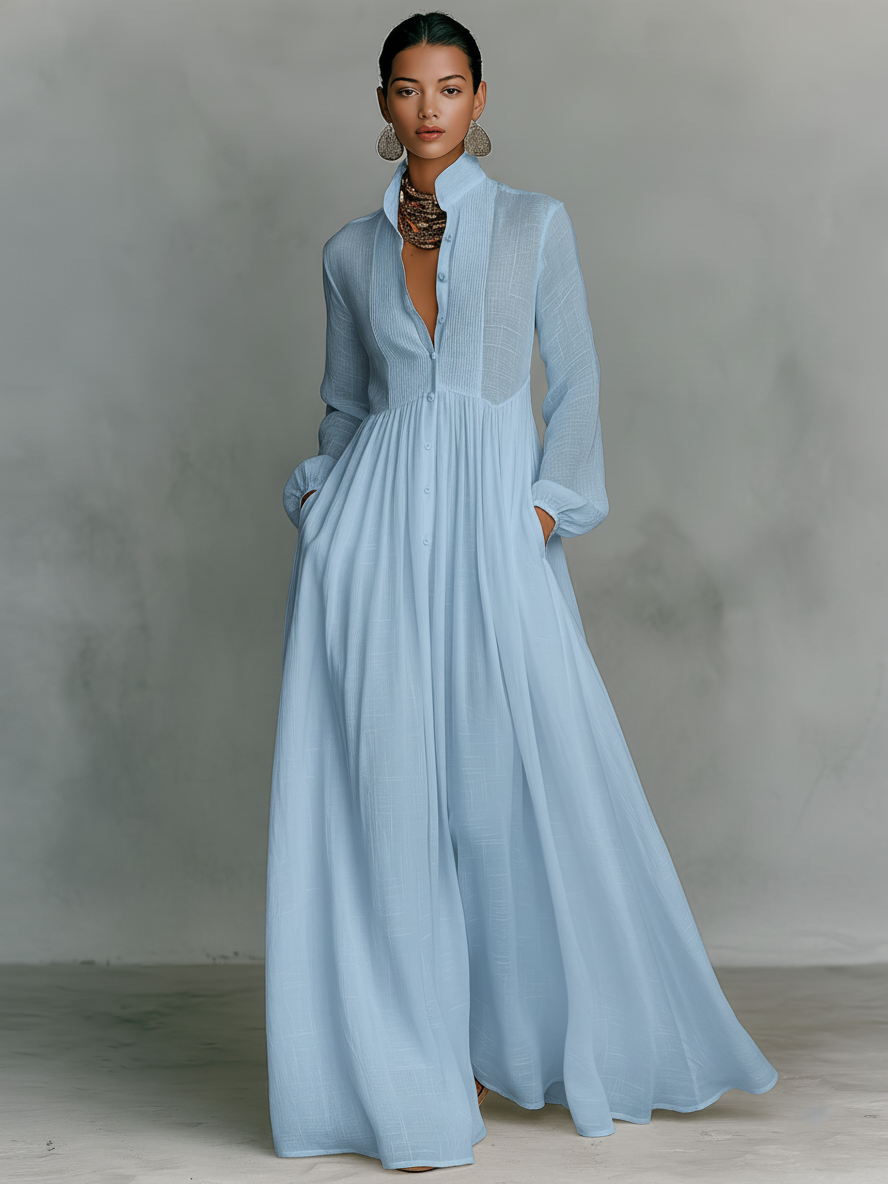 Purépecha™ Vestido Maxi en Algodón y Lino con Cuello Alto