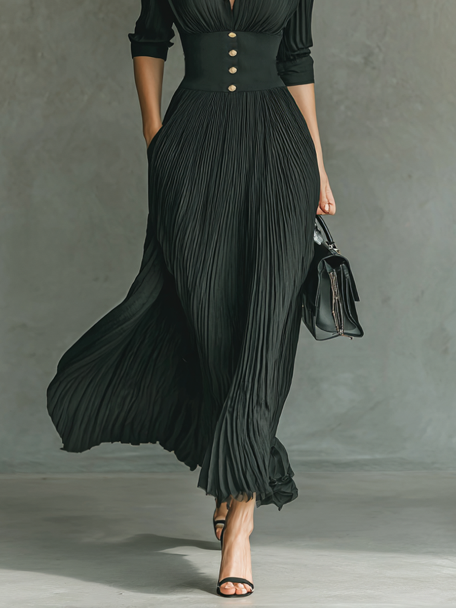 Salomé™ Vestido Maxi Elegante con Cuello Solapa y Falda Plisada