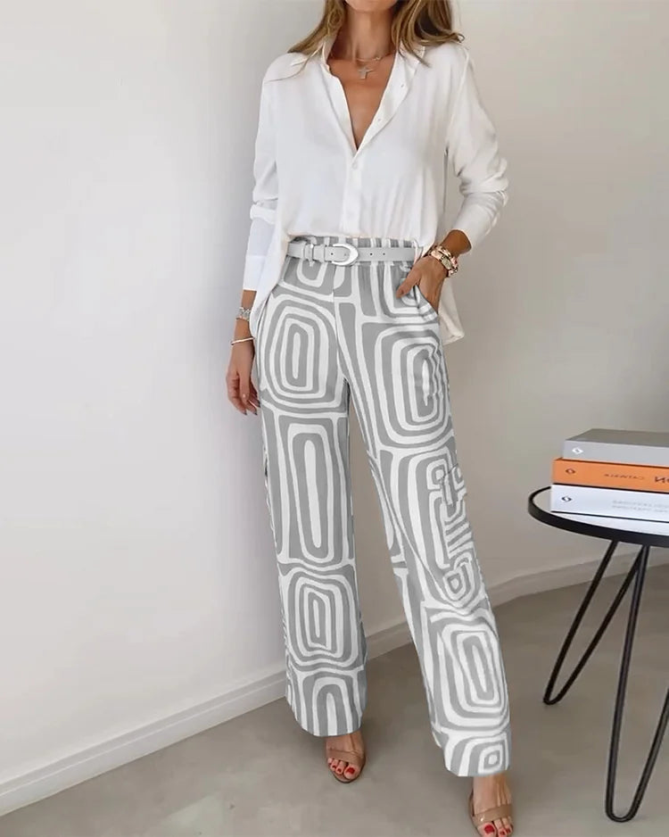 Puebla™ Conjunto Elegante de Pantalón con Blusa y Cinturón