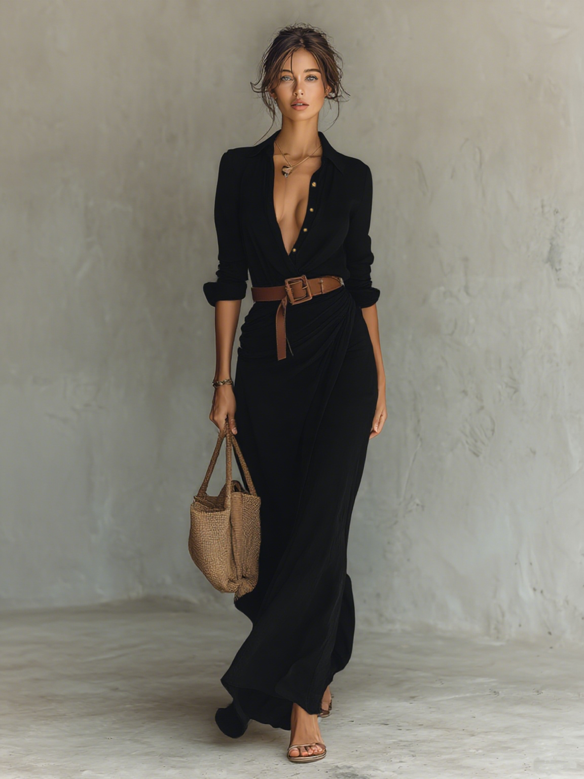 Tonalá™ Vestido Maxi Elegante para Mujer con Cuello y Cinturón Incluido