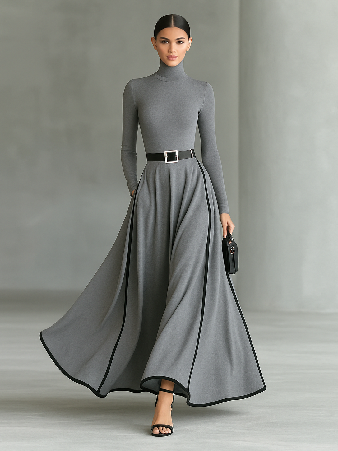 Hermelinda™ Vestido Maxi Negro Entallado con Cuello Alto Elegante