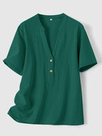 Blusa Elegante con Cuello en V y Botones de Madera
