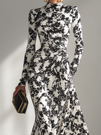 Eduviges™ Vestido Maxi Floral Elegante, Cuello Alto, Manga Larga
