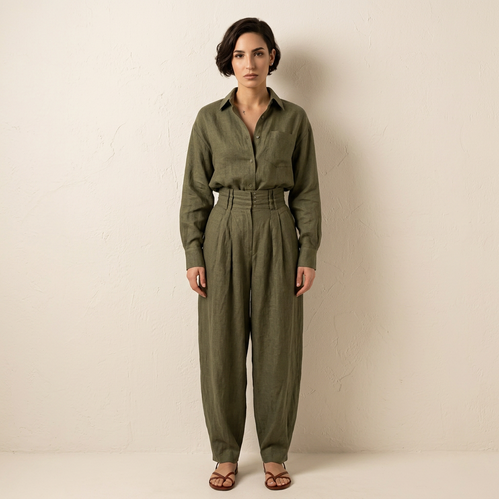 Tzintzuntzan™ Conjunto para Mujer en Algodón y Lino, Camisa y Pantalón Ancho
