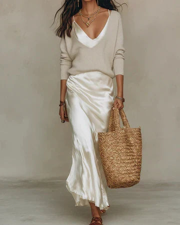 Belinda™ Conjunto Midi de Satín con Suéter de Punto Elegante