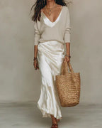 Belinda™ Conjunto Midi de Satín con Suéter de Punto Elegante