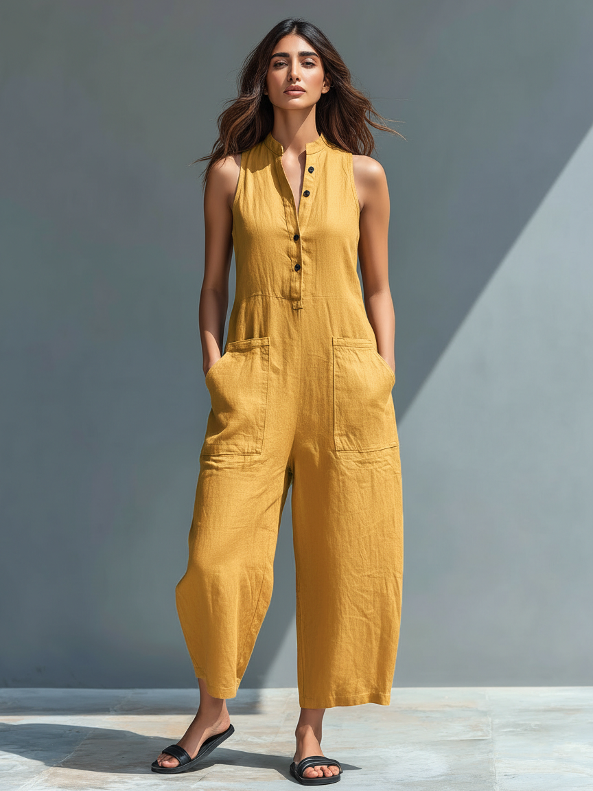 Noelia | Jumpsuit de Lino sin Mangas con Botones al Frente