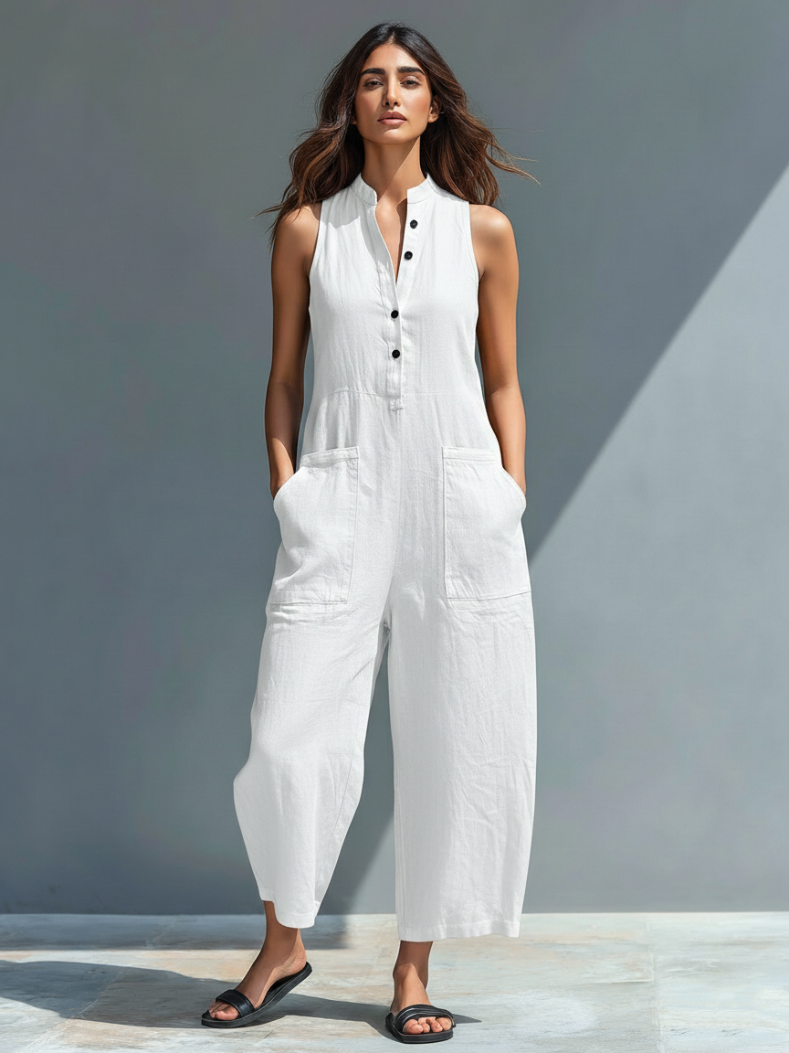 Noelia | Jumpsuit de Lino sin Mangas con Botones al Frente