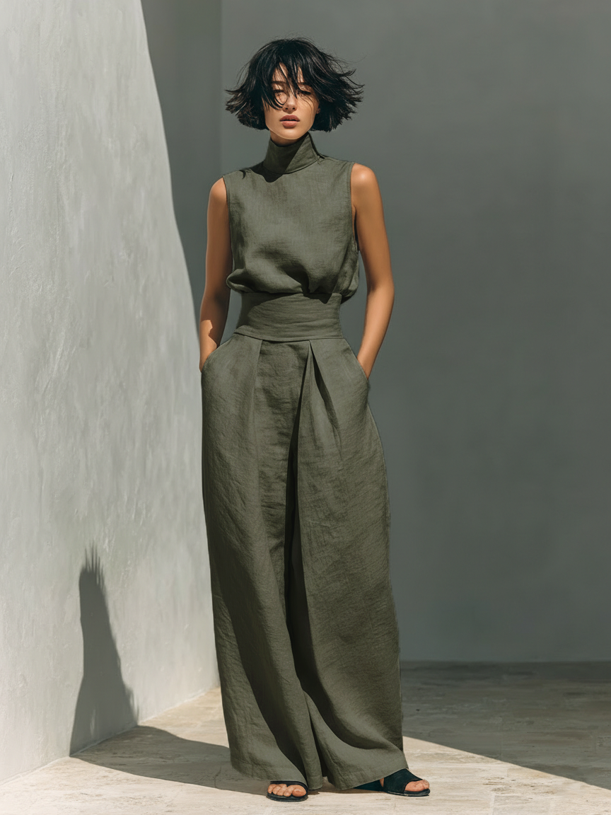 Conjunto Marcelina de Blusa sin Mangas y Pantalón de Pierna Ancha en Algodón y Lino