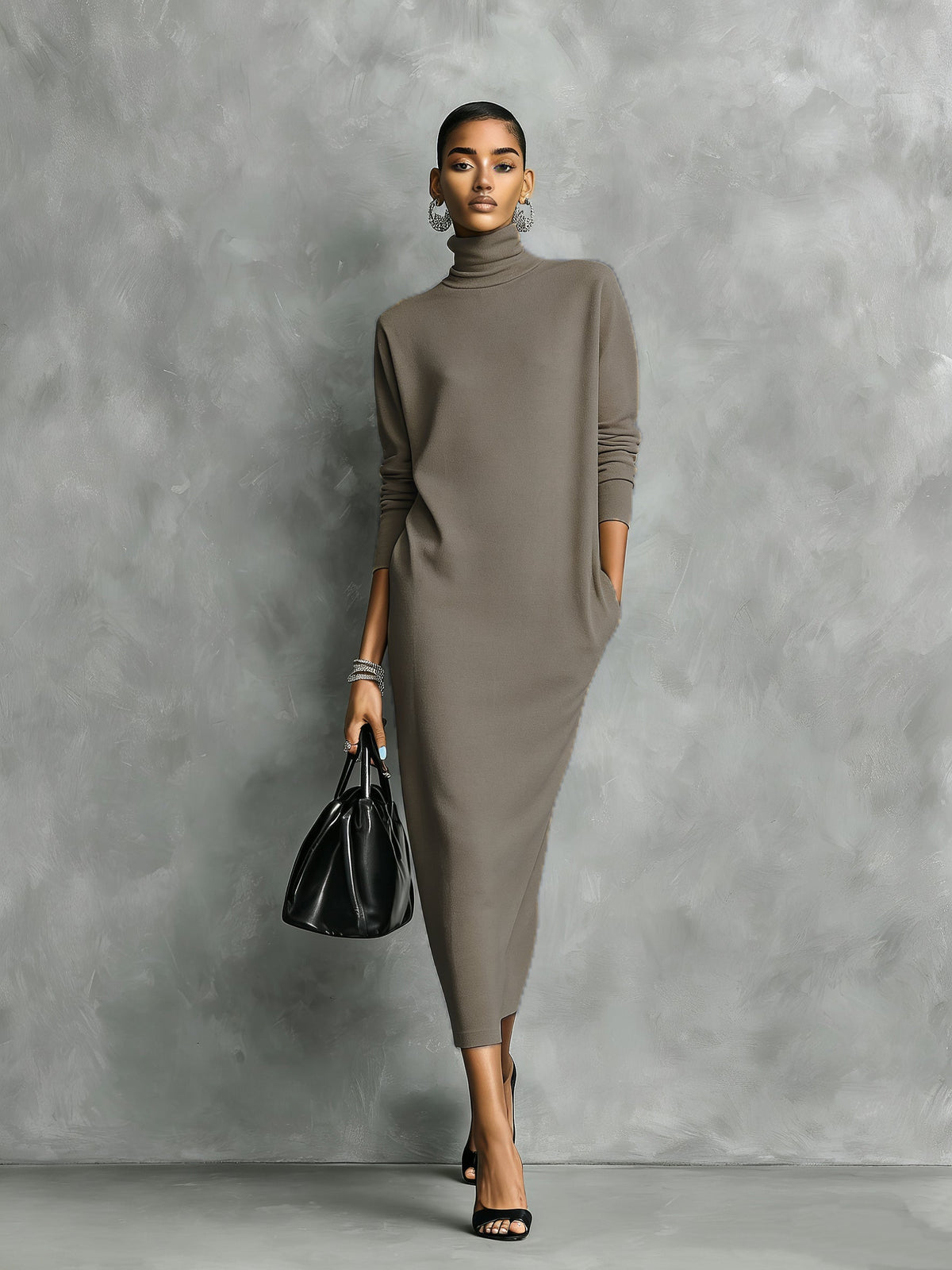 Genoveva™ Vestido Midi de Punto con Cuello Alto y Manga Larga