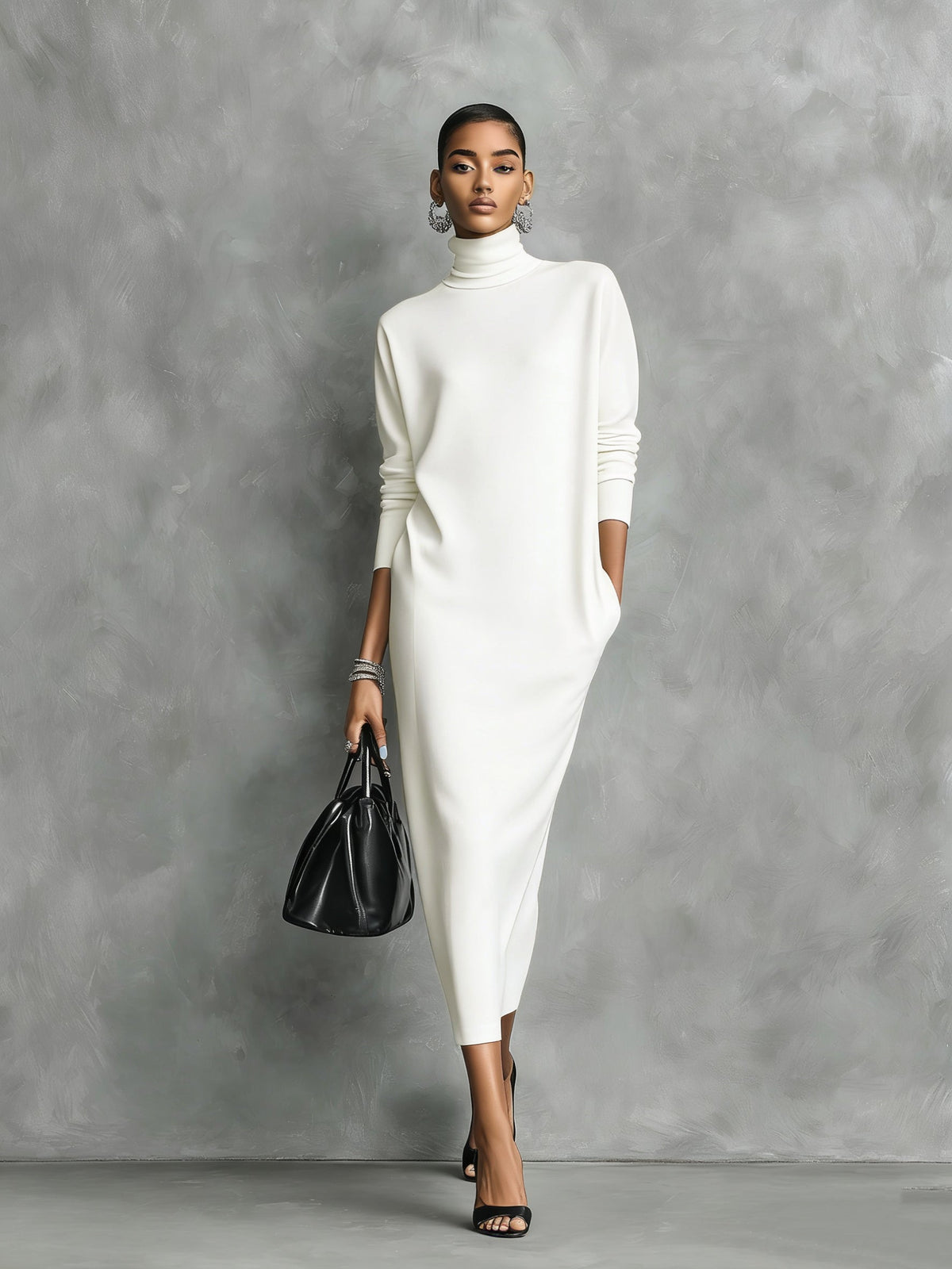 Genoveva™ Vestido Midi de Punto con Cuello Alto y Manga Larga