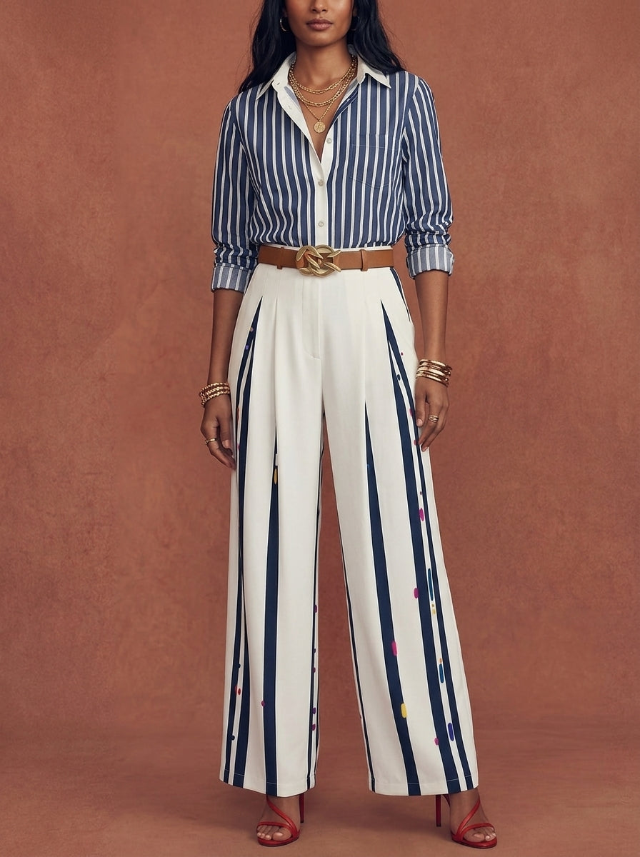 Ursula™ Conjunto Rayado para Mujer con Camisa y Pantalón Ancho
