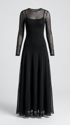 Filomena™ Vestido Maxi Vintage de Tul Negro con Mangas Semitransparentes
