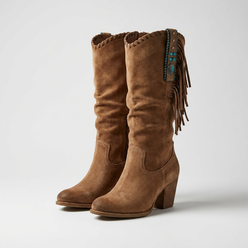 Marbella™ Botas Vaqueras Boho para Mujer con Flecos y Tacón Medio