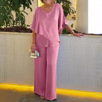 Conjunto Deyanira de Pantalón de Pierna Ancha y Top Asimétrico
