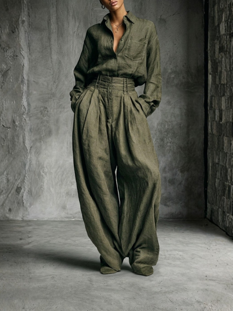 Conjunto Palmira para Mujer en Algodón y Lino, Camisa y Pantalón Ancho