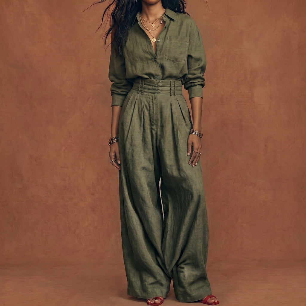 Conjunto Palmira para Mujer en Algodón y Lino, Camisa y Pantalón Ancho