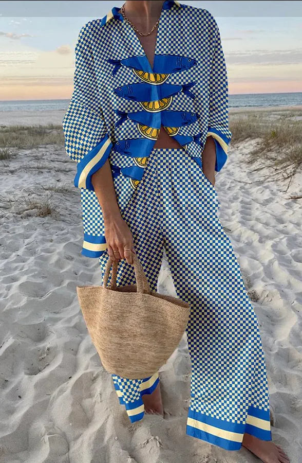 XY012 Color Women's Casual Printed Set with Shirt and Wide-Leg Pants