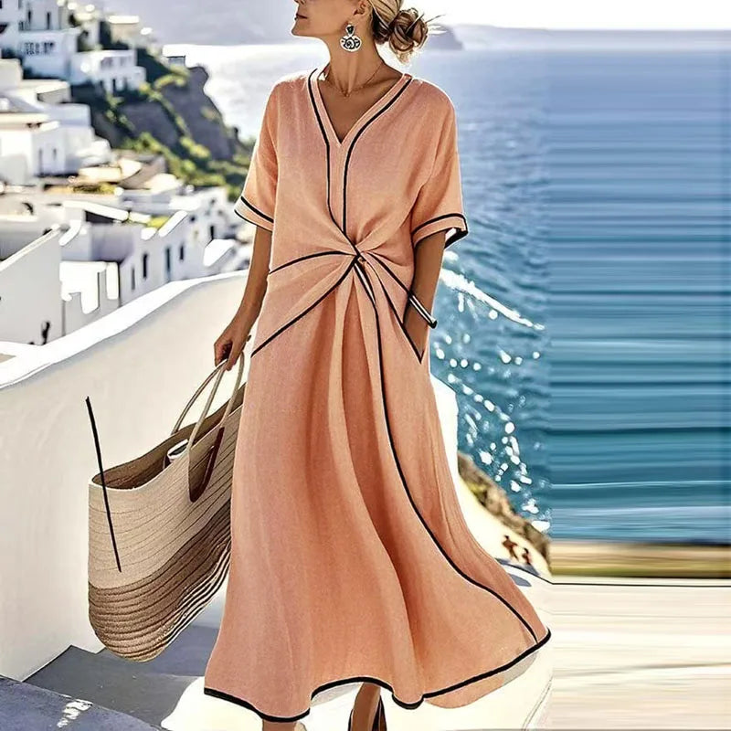 Orange Color Midi Beach Dress Women's V-Neck Bohemian Style