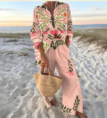 XY021 Color Women's Casual Printed Set with Shirt and Wide-Leg Pants
