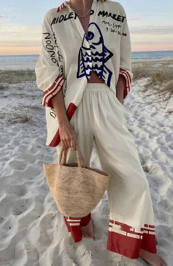 XY008 Color Women's Casual Printed Set with Shirt and Wide-Leg Pants