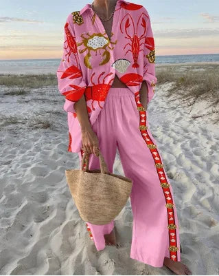 XY018 Color Women's Casual Printed Set with Shirt and Wide-Leg Pants