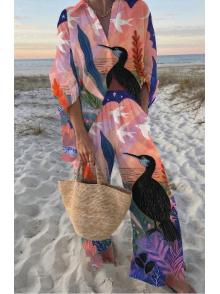 Women's Casual Printed Set with Shirt and Wide-Leg Pants