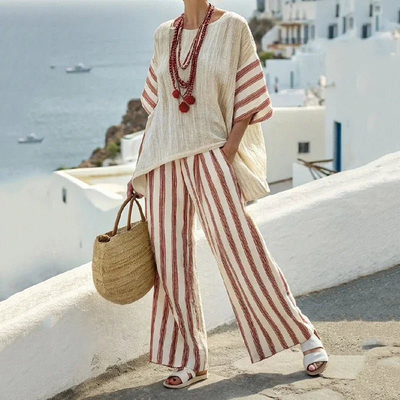 Style2 Color Women's Casual Striped Set with Top and Pants