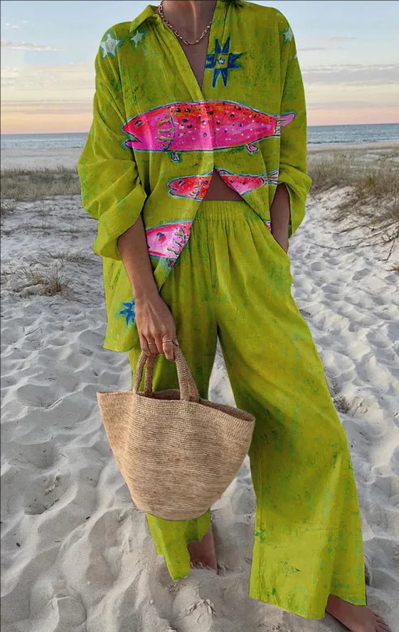 XY016 Color Women's Casual Printed Set with Shirt and Wide-Leg Pants