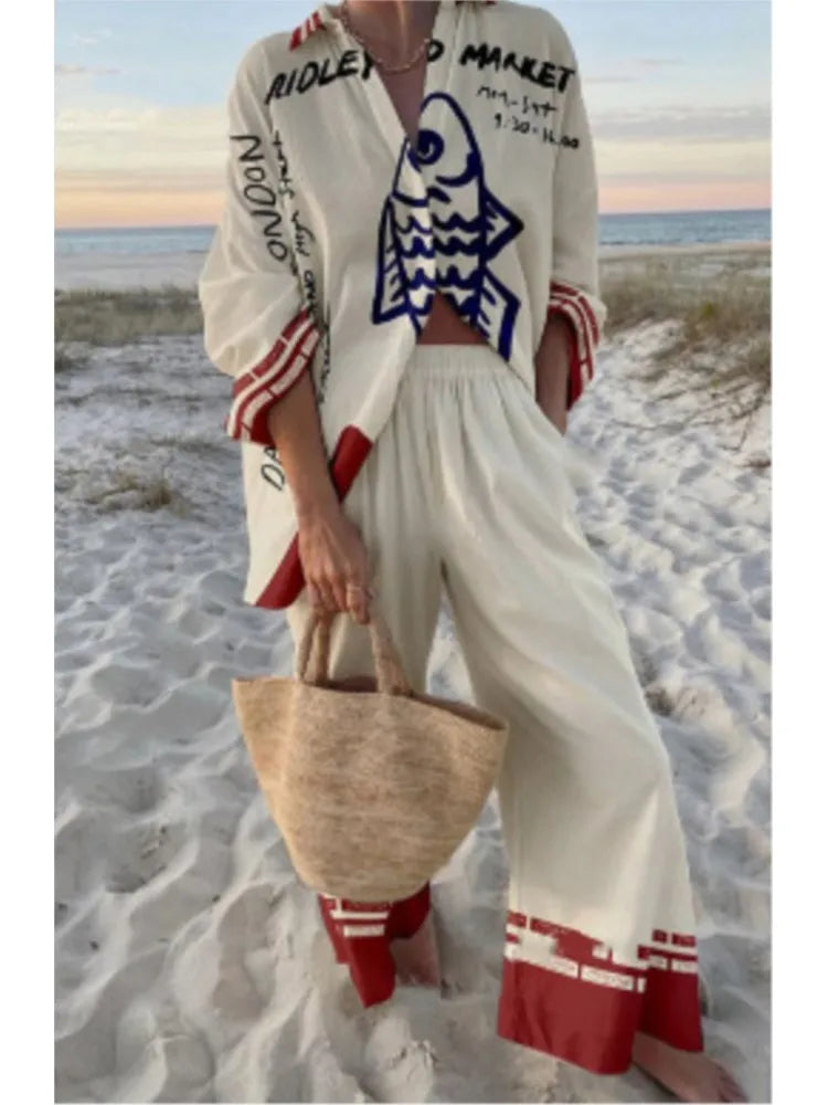 Women's Casual Printed Set with Shirt and Wide-Leg Pants