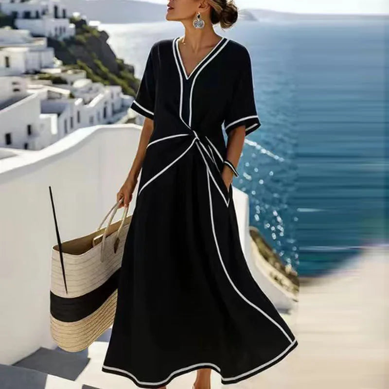 Black Color Midi Beach Dress Women's V-Neck Bohemian Style