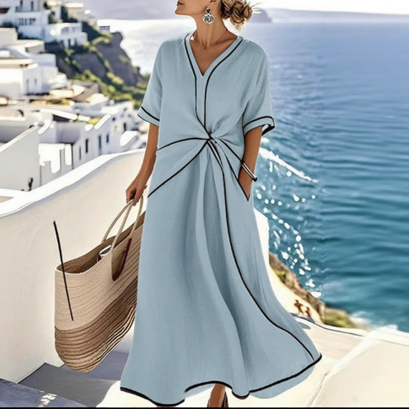 Blue Color Midi Beach Dress Women's V-Neck Bohemian Style