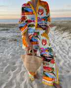 XY014 Color Women's Casual Printed Set with Shirt and Wide-Leg Pants