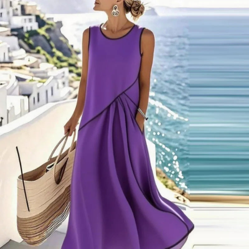 Sleeveless Purple Color Midi Beach Dress Women's V-Neck Bohemian Style