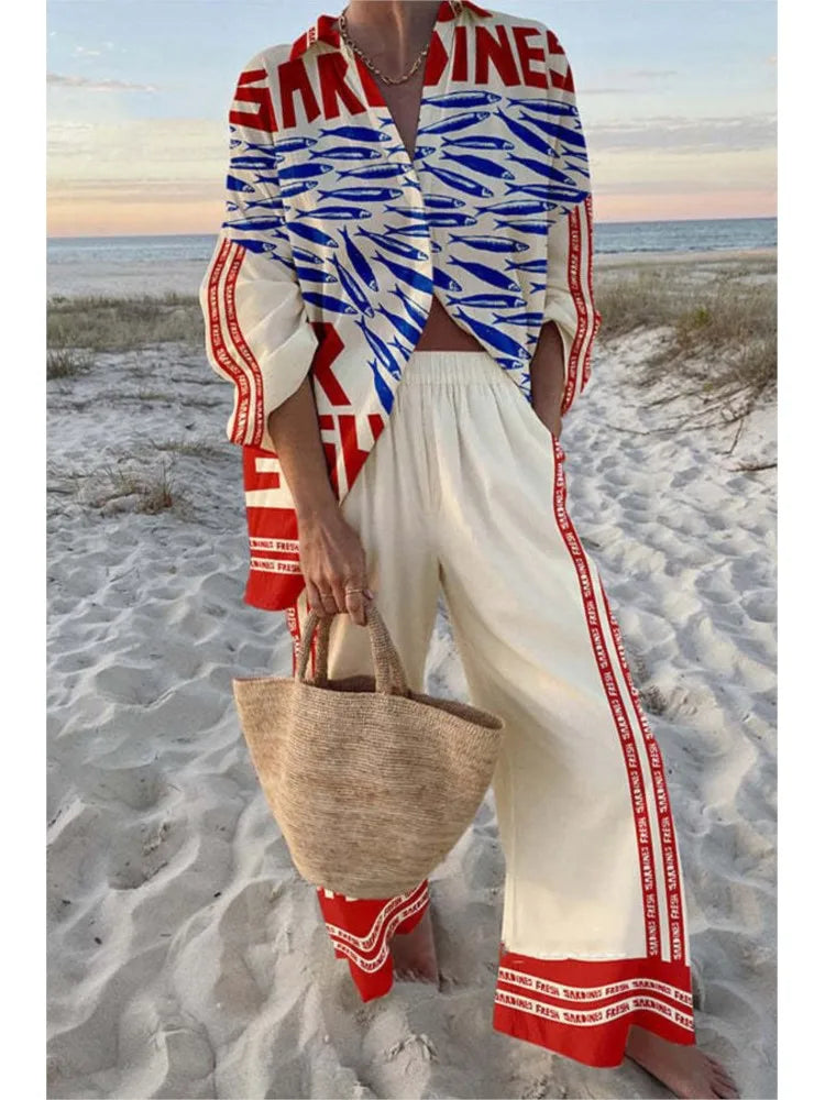 Women's Casual Printed Set with Shirt and Wide-Leg Pants