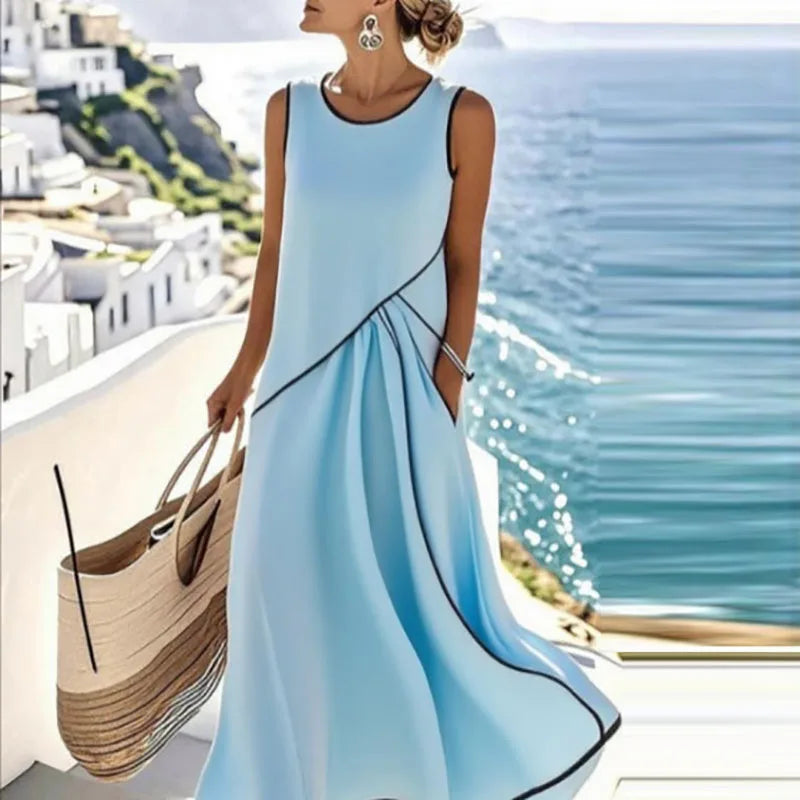 Sleeveless Sky Blue Color Midi Beach Dress Women's V-Neck Bohemian Style
