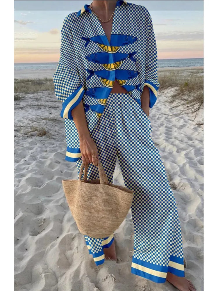 Women's Casual Printed Set with Shirt and Wide-Leg Pants