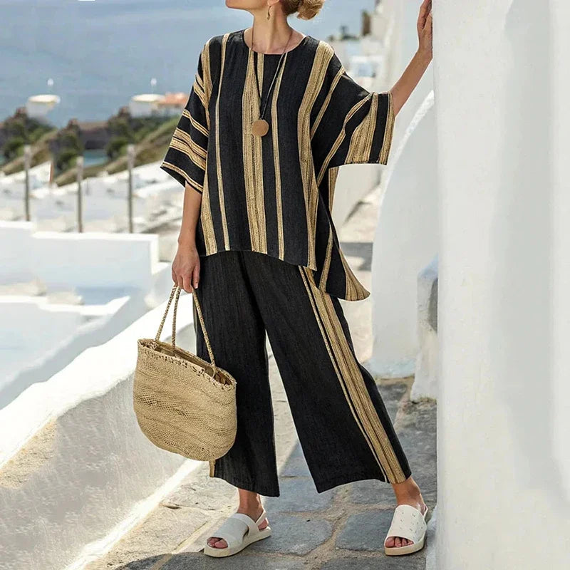 Style7 Color Women's Casual Striped Set with Top and Pants