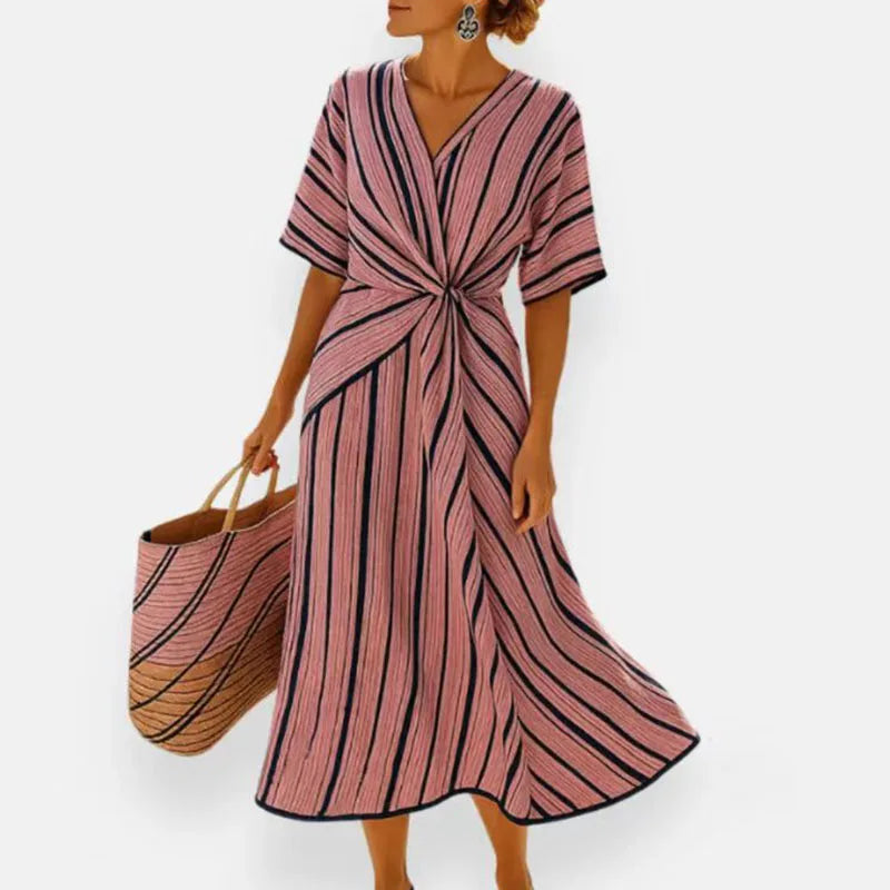 Striped Print Color Midi Beach Dress Women's V-Neck Bohemian Style