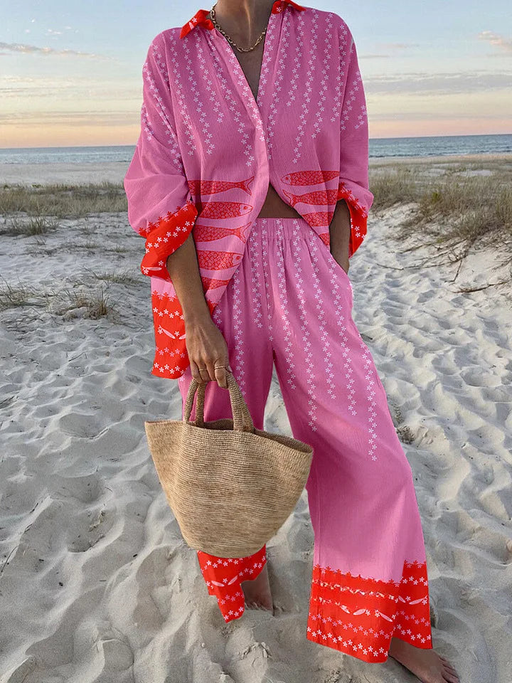 XY015 Color Women's Casual Printed Set with Shirt and Wide-Leg Pants