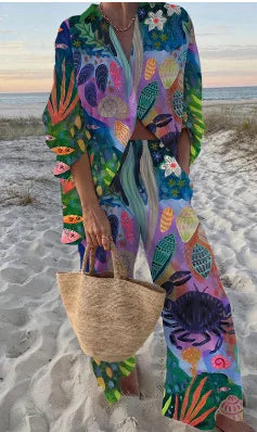 XY013 Color Women's Casual Printed Set with Shirt and Wide-Leg Pants