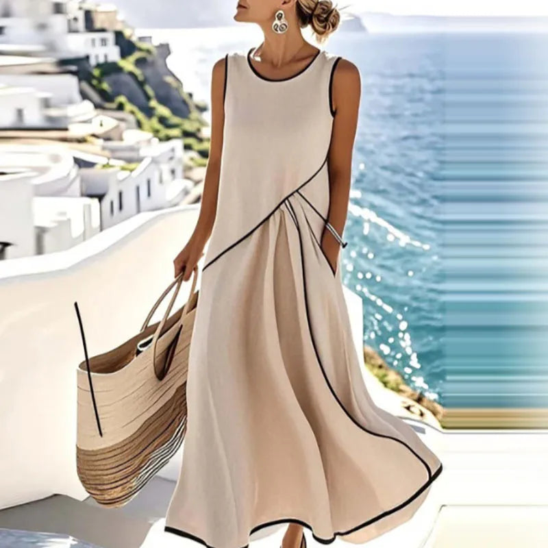 Sleeveless Apricot Color Midi Beach Dress Women's V-Neck Bohemian Style